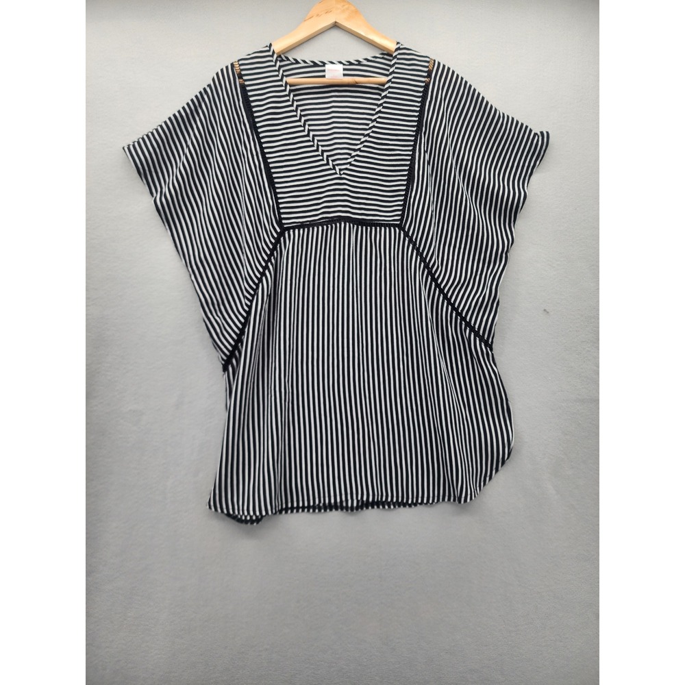 Xhilaration Striped V-Neck Top Crochet Trim Dolman Sleeve Black White Large L
